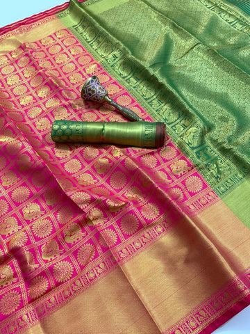 Green Color Soft Silk Kanchipuram Contrast Zari Weaving Border Rich Pallu Designer Saree Blouse