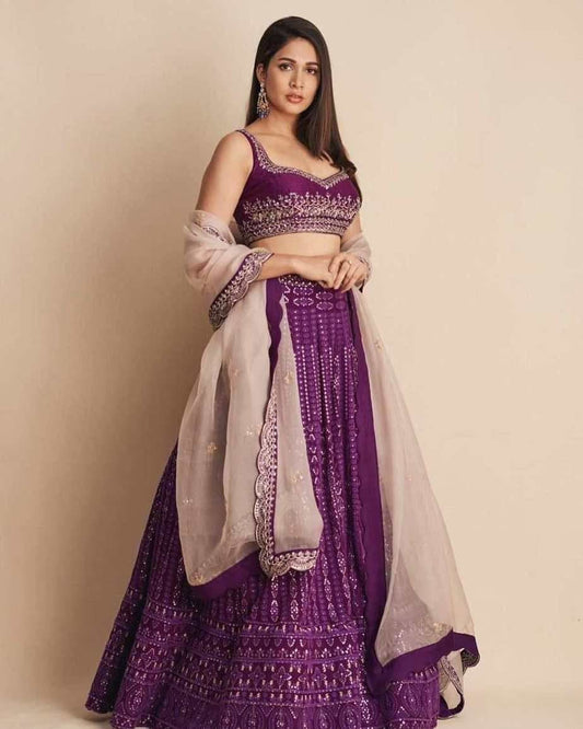 Flaunt Violet Color Georgette Chain Stitched Sequence Work Lehenga Choli