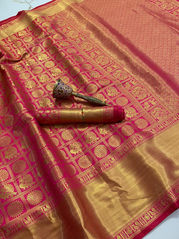 Rani Pink Color Occasion Wear Kanchipuram Silk Contrast Weaving Zari Design Rich Pallu Designer Saree Blouse