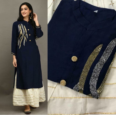 Navy Blue Color Party Wear Rayon Designer Hand Work Full Stitched Plazo Kurti