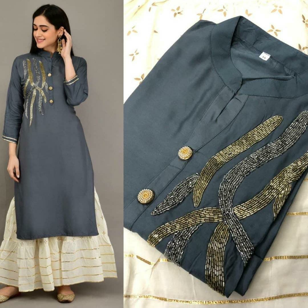 Grey Color Occasion Wear Hand Work Rayon Ready Made Kurti Plazo