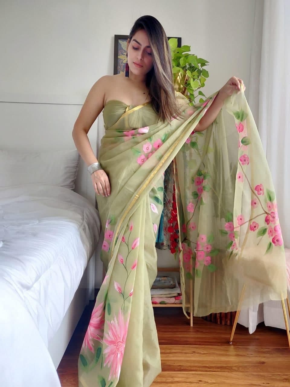 Trendy Green Color Digital Printed Organza Festive Wear Saree Blouse