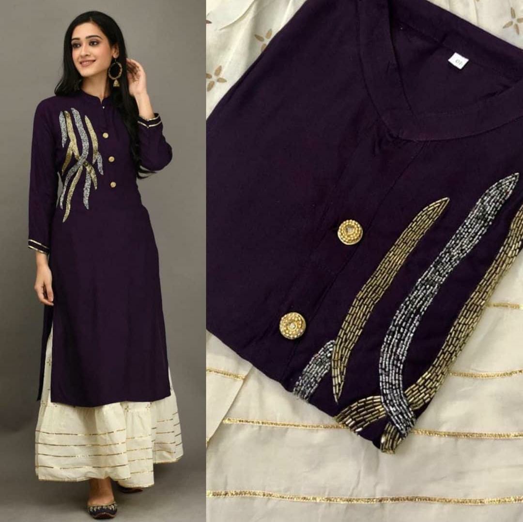 Wine Color Hand Work Full Stitched Rayon Plazo Kurti