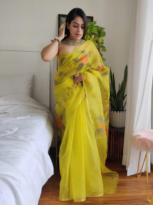 Good-looking Yellow Color Organza Printed Zari Weaving Saree Blouse For Women