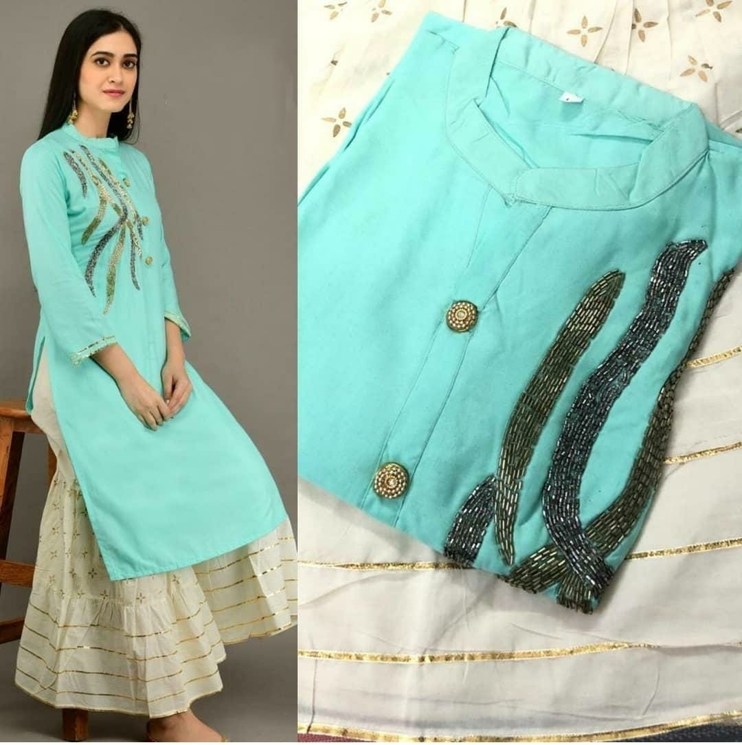 Aqua Blue Color Designer Rayon Full Stitched Fancy Hand Work Plazo Kurti