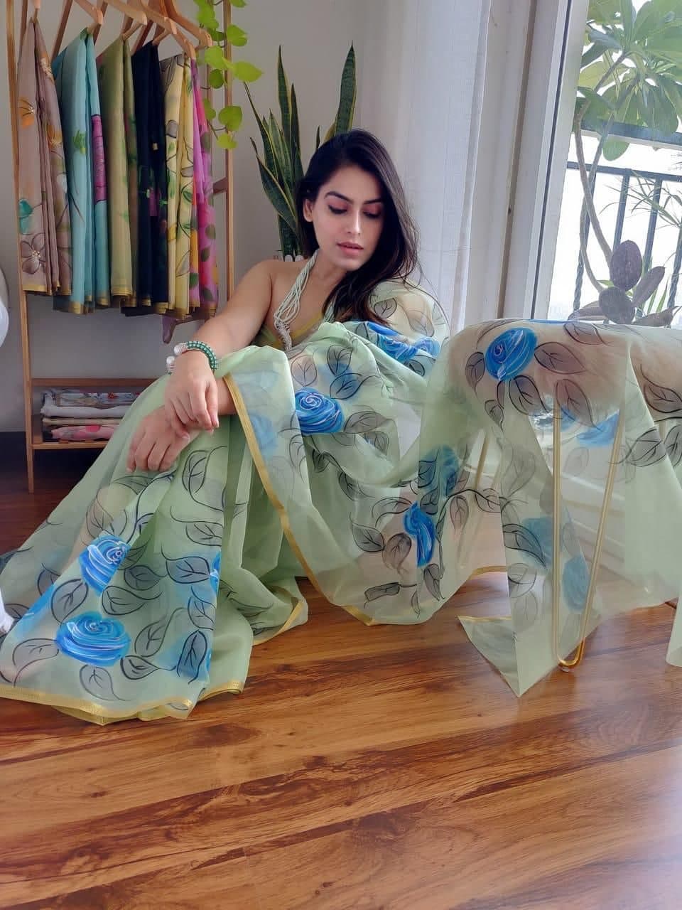 Flattering Light Green Color Running Wear Printed Weaving Design Saree Blouse