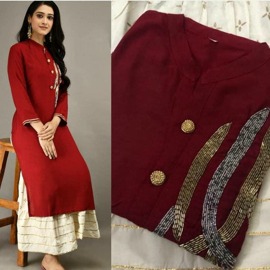 Maroon Color Ready Made Hand Work Fancy Rayon Kurti Plazo
