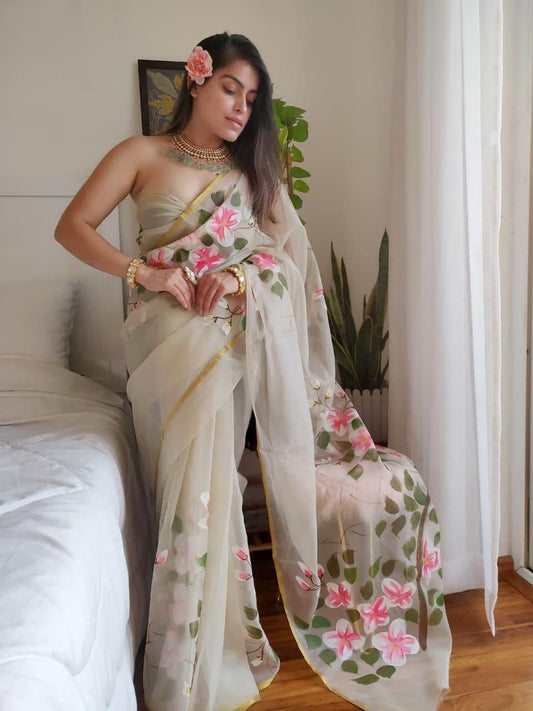 Flamboyant Off White Color Indian Wear Organza Zari Printed Saree Blouse