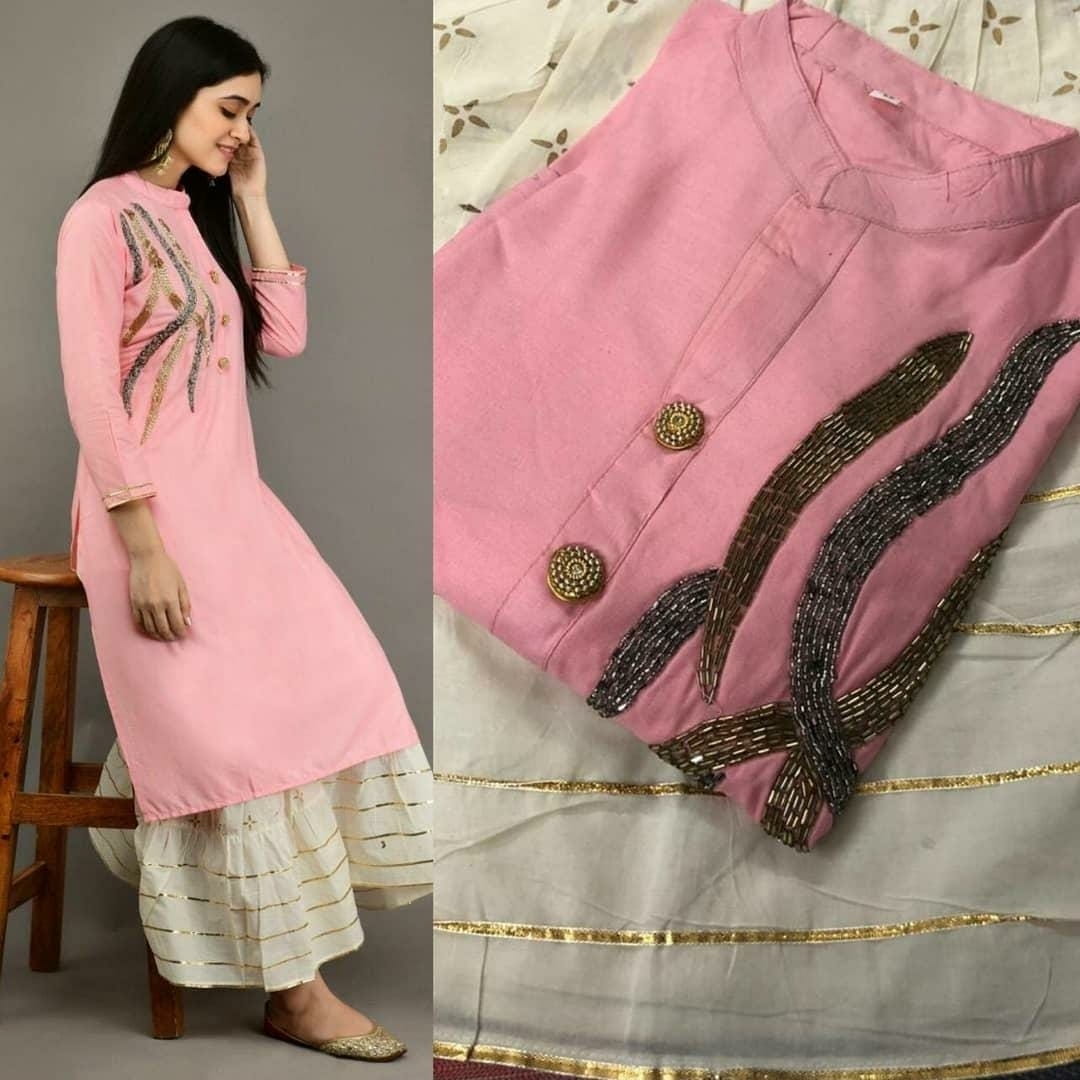 Light Pink Color Full Stitched Rayon Party Wear Hand Work Designer Kurti Plazo