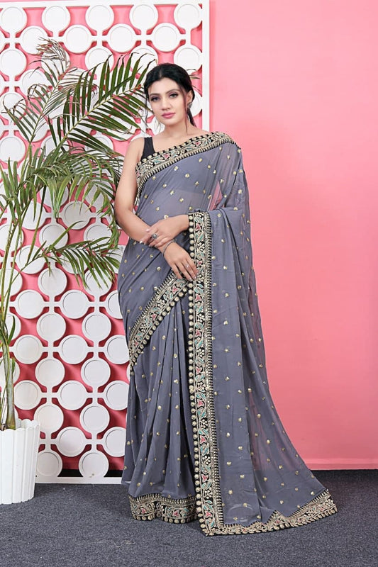 Graceful Grey Color Occasion Wear Georgette Multi Sequence Work Saree Blouse