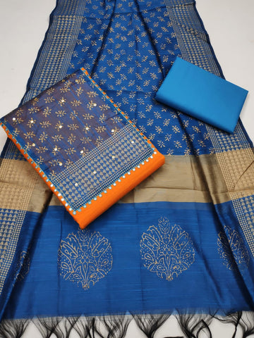 Blue Color Casual Wear Slub Cotton Fancy Mirror Work Salwar Suit