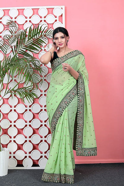 Intricate Light Green Color Wedding Wear Georgette Sequence Work Saree Blouse