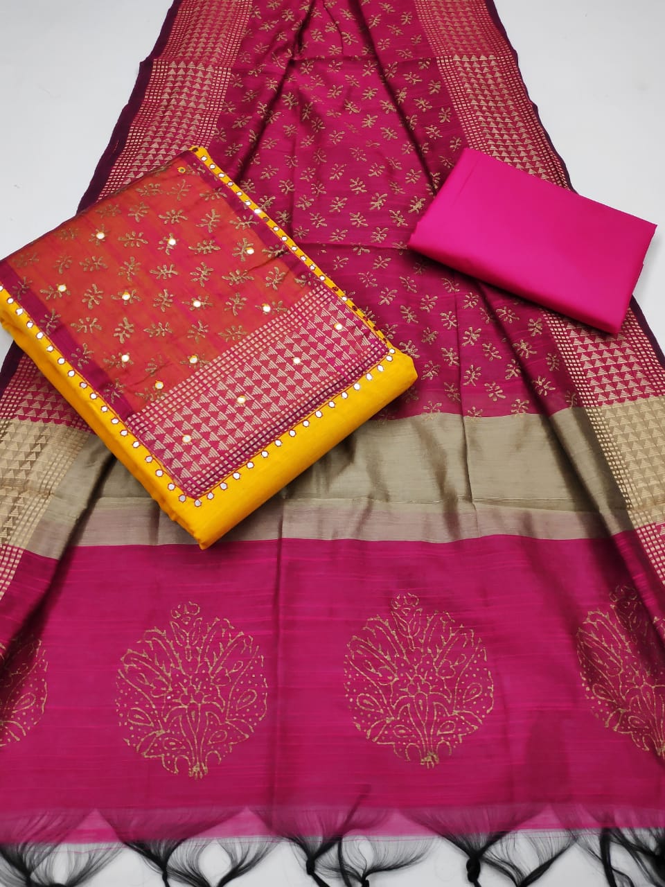 Yellow Color Party Wear Slub Cotton Designer Mirror Work Dress Material