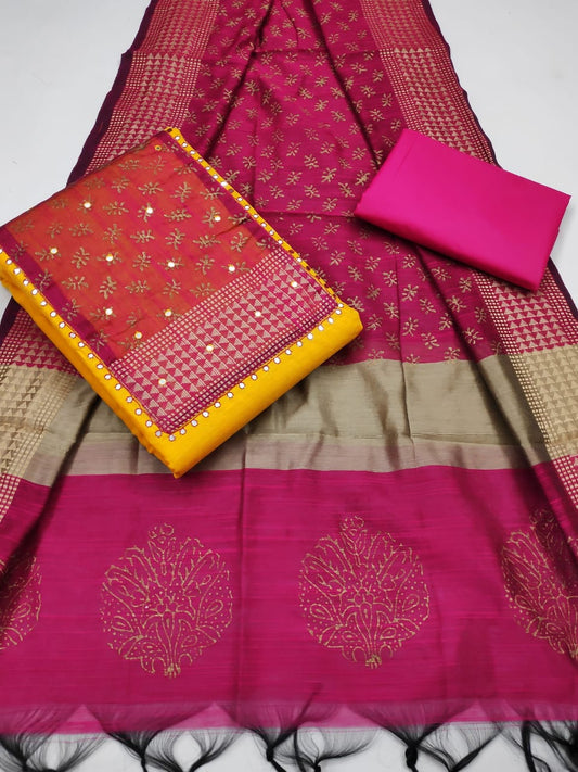 Yellow Color Party Wear Slub Cotton Designer Mirror Work Dress Material