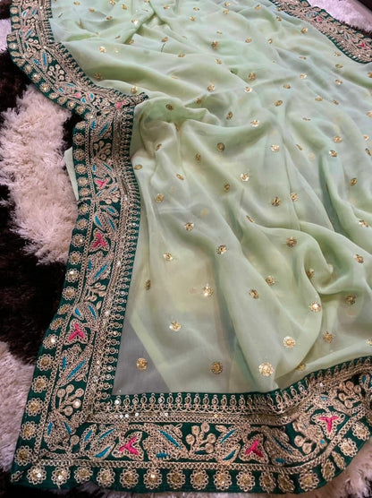 Intricate Light Green Color Wedding Wear Georgette Sequence Work Saree Blouse