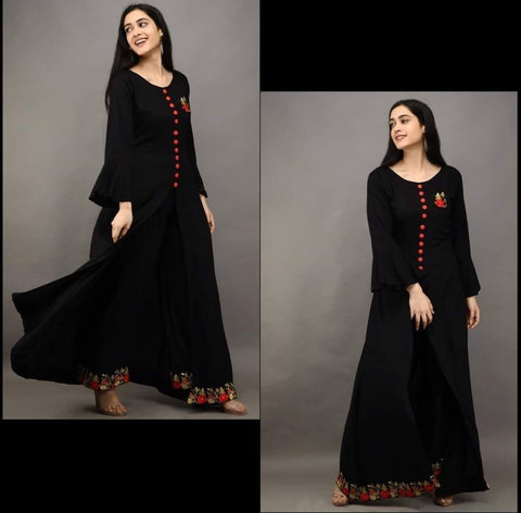 Black Color Party Wear Full Stitched Embroidered Work Rayon Kurti Plazo