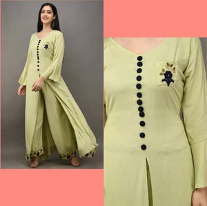 Mehendi Green Color Party Wear Rayon Embroidered Work Fancy Ready Made Kurti Plazo