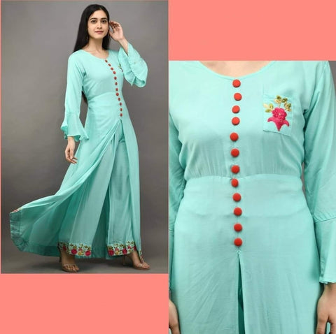 Light Blue Color Occasion Wear Rayon Embroidered Work Kurti Plazo Full Stitched