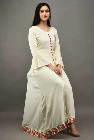 Festive Wear Off White Color Full Stitched Rayon Embroidered Work Plazo Kurti