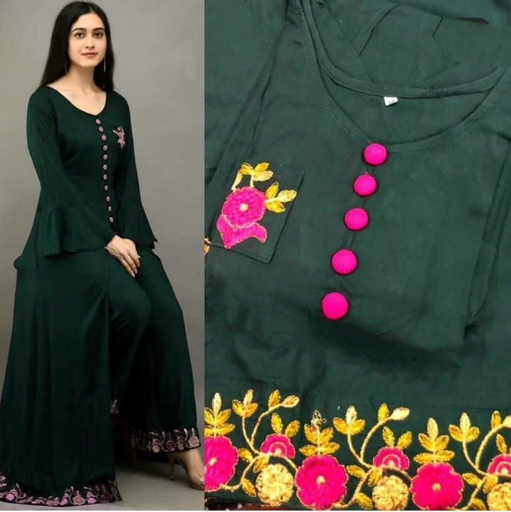 Dark Green Color Casual Wear Rayon Embroidered Work Designer Ready Made Plazo Kurti