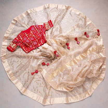 Stunning Cream Color Wedding Wear Banarasi Silk Zari Weaving Work Saree Blouse