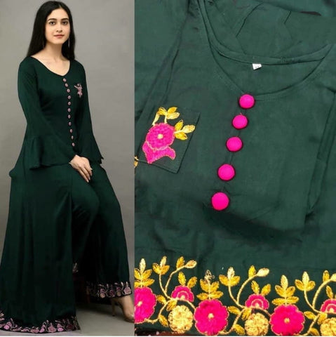Dark Green Color Casual Wear Rayon Embroidered Work Designer Ready Made Plazo Kurti