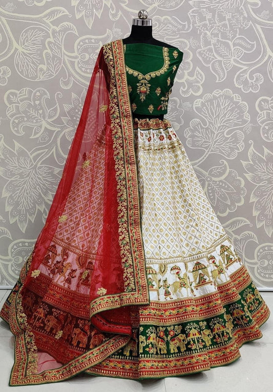 Wedding Wear Off White Color Multi Zari Embroidered Diamond Touch Up Work Malai Satin Latest Design Lehenga Choli