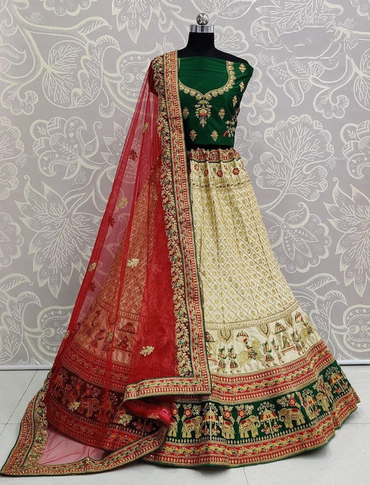Cream Color Festive Wear Multi Embroidered Dori Zari Diamond Touch Up Work Malai Satin Latest Design Lehenga Choli Design