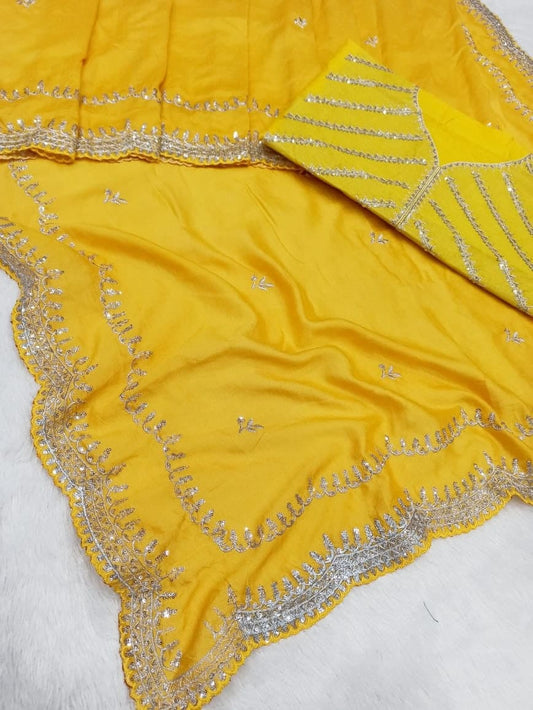 Blooming Yellow Color Wedding Wear Silk Embroidered Work Saree Blouse