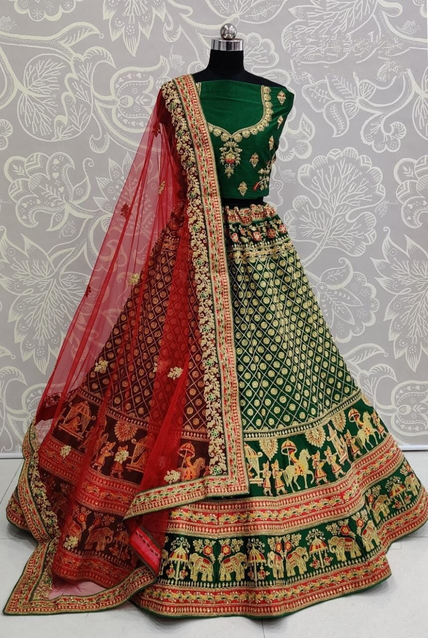 Green Color Party Wear Malai Satin Embroidered Diamond Touch Up Multi Dori Zari Work Semi Stitched Latest Design Lehenga Choli