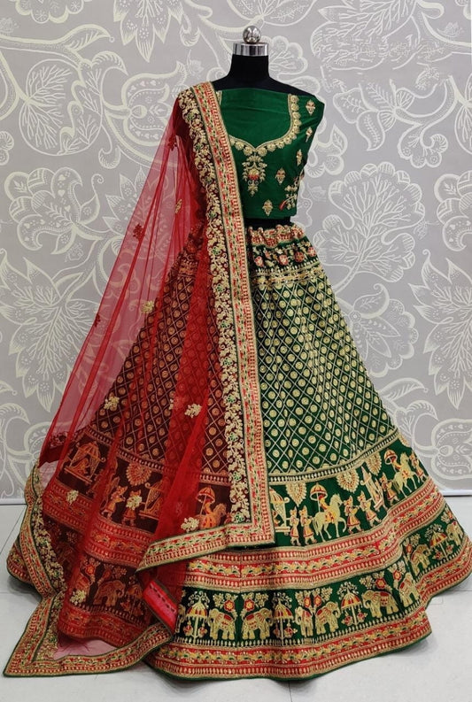 Green Color Party Wear Malai Satin Embroidered Diamond Touch Up Multi Dori Zari Work Semi Stitched Latest Design Lehenga Choli