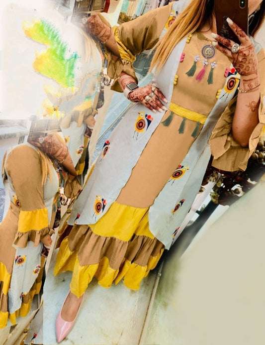 Mustard Color Ready Made Inner Rayon Digital Printed Designer Koti Kurti
