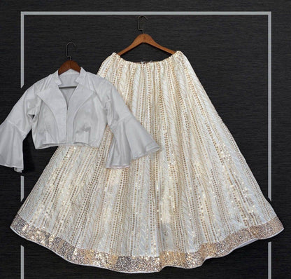 Bewildering Cream Color Taffeta Silk Sequence Work Lehenga Choli