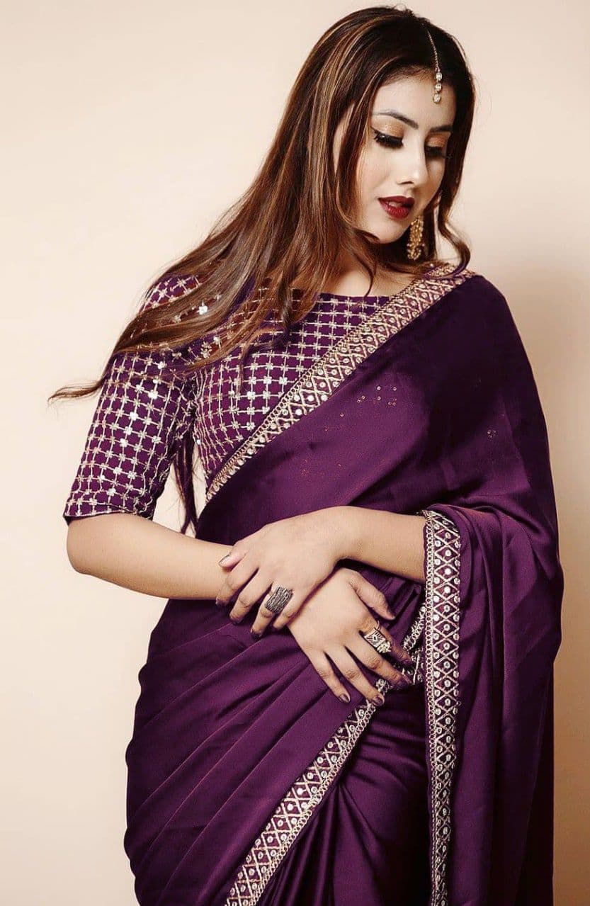 Mind-blowing Wine Color Occasion Wear Vichitra Silk Embroidered Work Saree Blouse