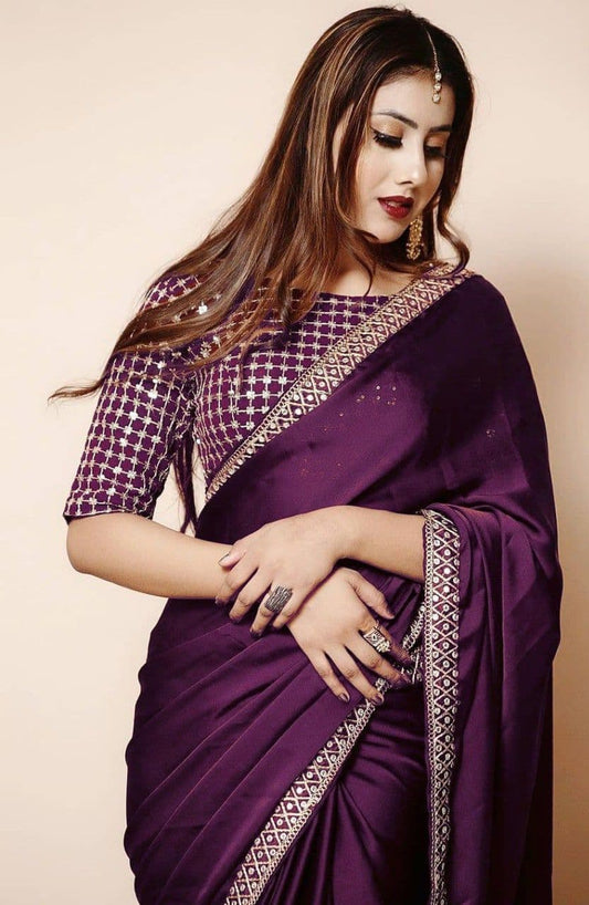 Mind-blowing Wine Color Occasion Wear Vichitra Silk Embroidered Work Saree Blouse