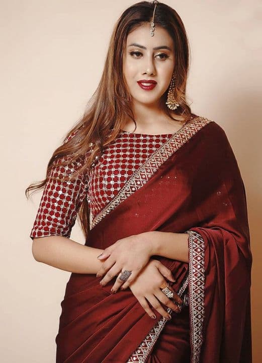 Sizzling Maroon Color Embroidered Design Work Vichitra Silk Saree Blouse