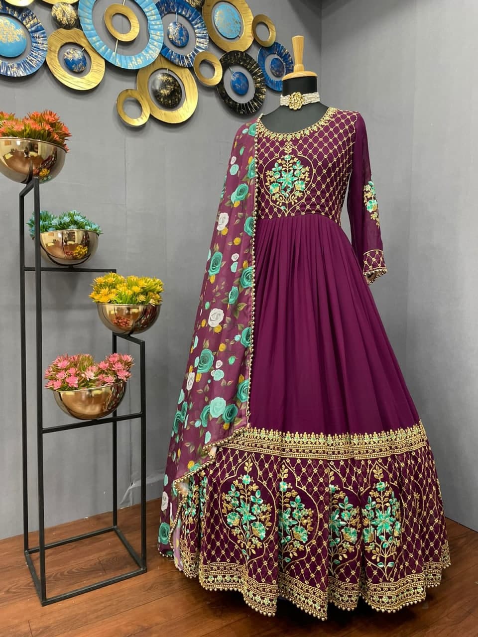 Hypnotic Wine Color Georgette Embroidered Work Salwar Suit For Women