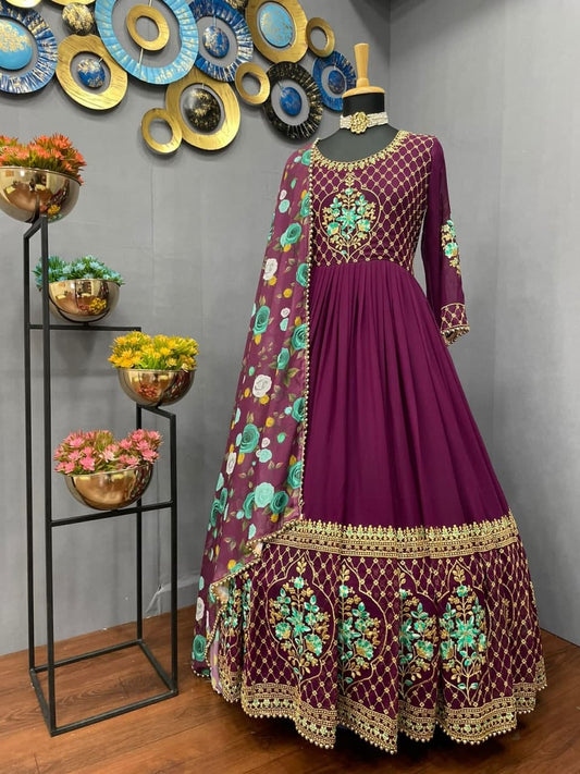 Hypnotic Wine Color Georgette Embroidered Work Salwar Suit For Women