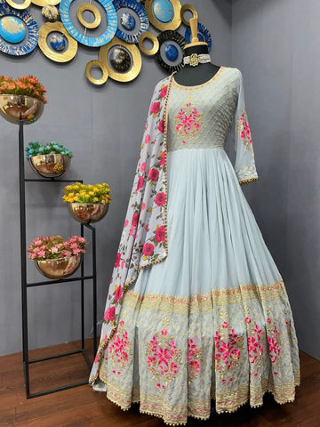 Amazing Grey Color Embroidered Work Georgette Salwar Suit Design