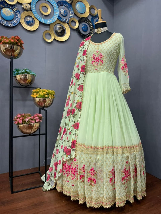 Dismaying Cream Color Georgette Embroidered Work Salwar Suit For Ladies