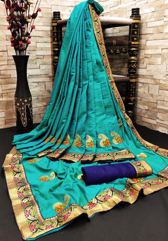 Firozi Color Designer Sana Silk All Over Zari Butti Work Jacquard Border Designer Saree Blouse