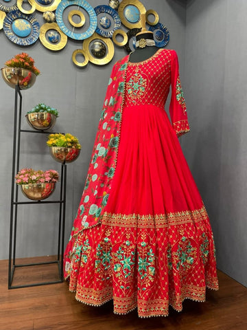 Artistic Red Color Georgette Fancy Embroidered Work Salwar Suit