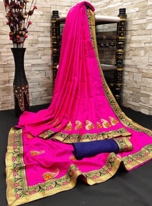 Rani Pink Color Designer Party Wear All Over Zari Butti Work Jacquard Border Sana Silk Designer Saree Blouse