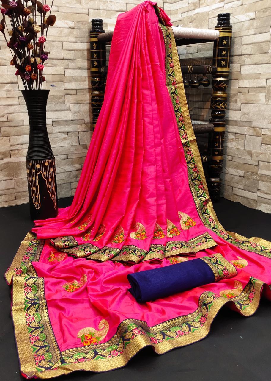 Pink Color Occasion Wear Sana Silk Fancy Jacquard Border All Over Zari Butti Work Designer Saree Blouse