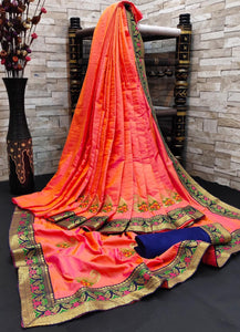Orange Color Wedding Wear All Over Jacquard Border Zari Butti Work Sana Silk Designer Saree Blouse