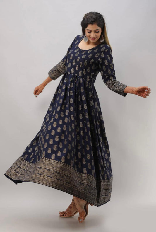 Navy Blue Color Ready Made Golden Printed Rayon Party Wear Gown