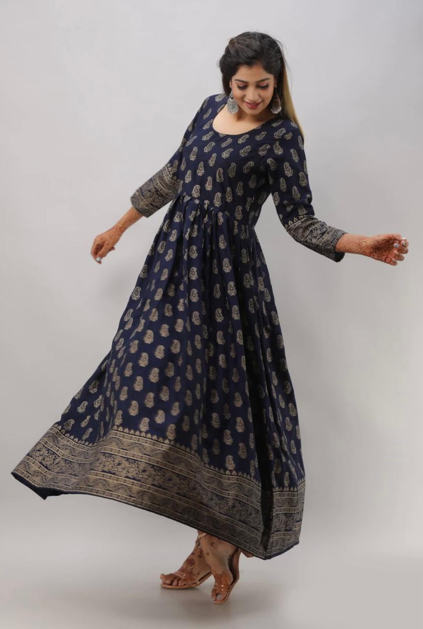 Navy Blue Color Ready Made Golden Printed Rayon Party Wear Gown