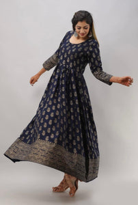 Navy Blue Color Ready Made Golden Printed Rayon Party Wear Gown
