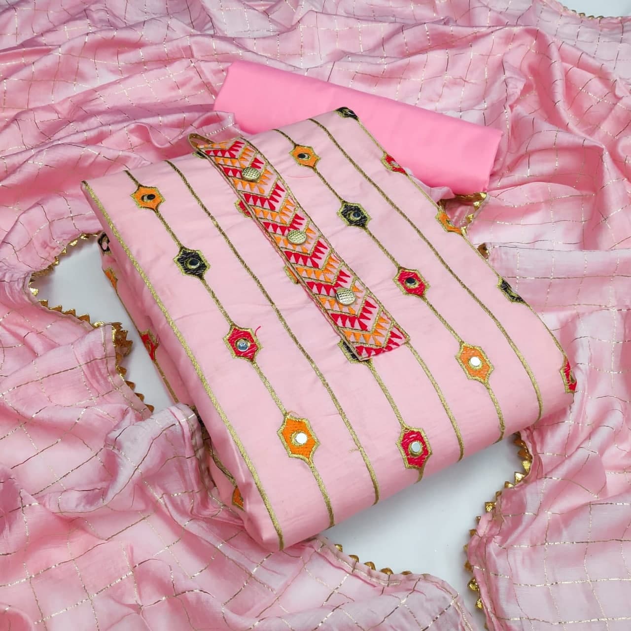 Appealing Pink Color Mirror Work Cotton Running Wear Salwar Suit