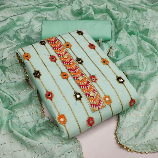 Striking Sea Green Color Embroidered Mirror Work Cotton Salwar Suit